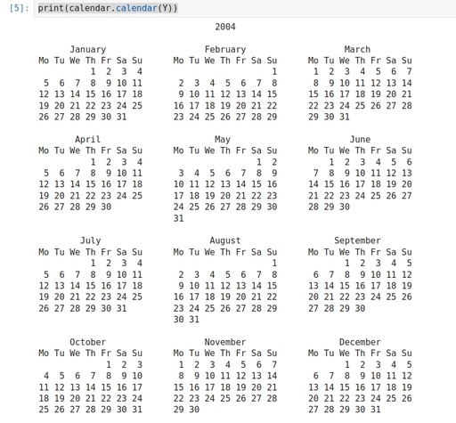 Calendar for the 2004 year The full annual calendar for the year 2004 printed with the Python library calendar.