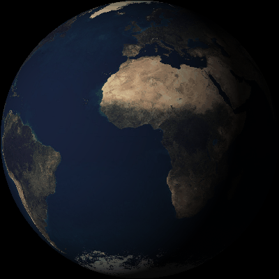 Animated GIF of the spinning Earth, made with NumPy and Pillow only. The flat map is wrapped around a sphere, lit by the Sun with Lambert's cosine law and turned by 5° in every frame.